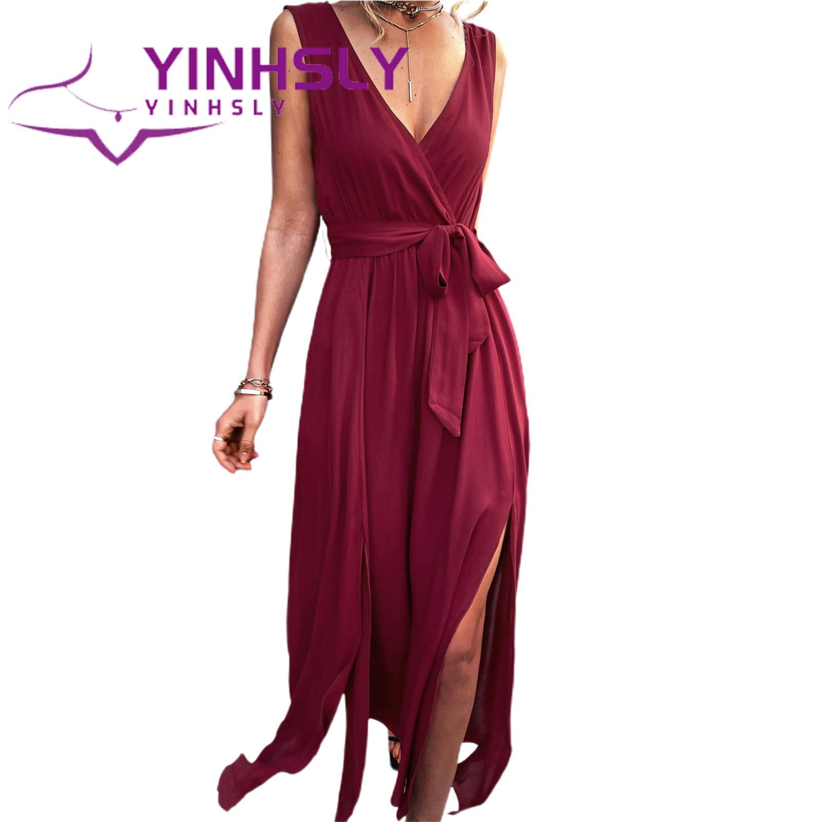 Female Dress Cool Solid Color V-neck Sleeveless Holiday Long Dress