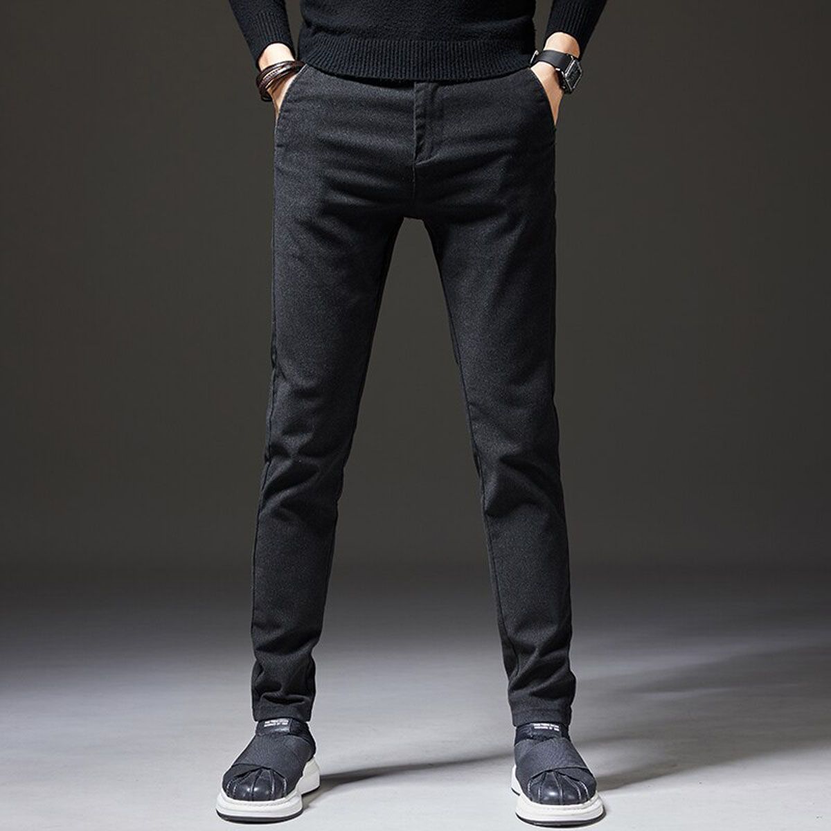 Pants Men Winter Fleece Casual Pants Men's Business Fashion Stretch Warm Velvet Black Gray Blue Trousers Big Size 28-38