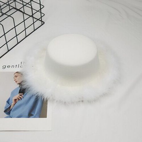 White terry woolen hat new feather top hat women's fedora hat wide-brimmed sun hat autumn and winter ladies retro wild jazz hat
