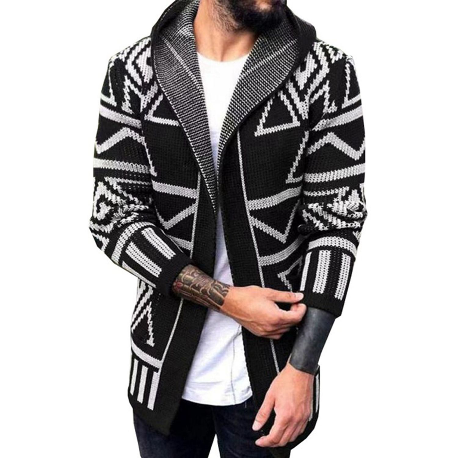 Knitted Jacket Ribbed Hem Graphics Print Open Stitch Knitted Cardigan