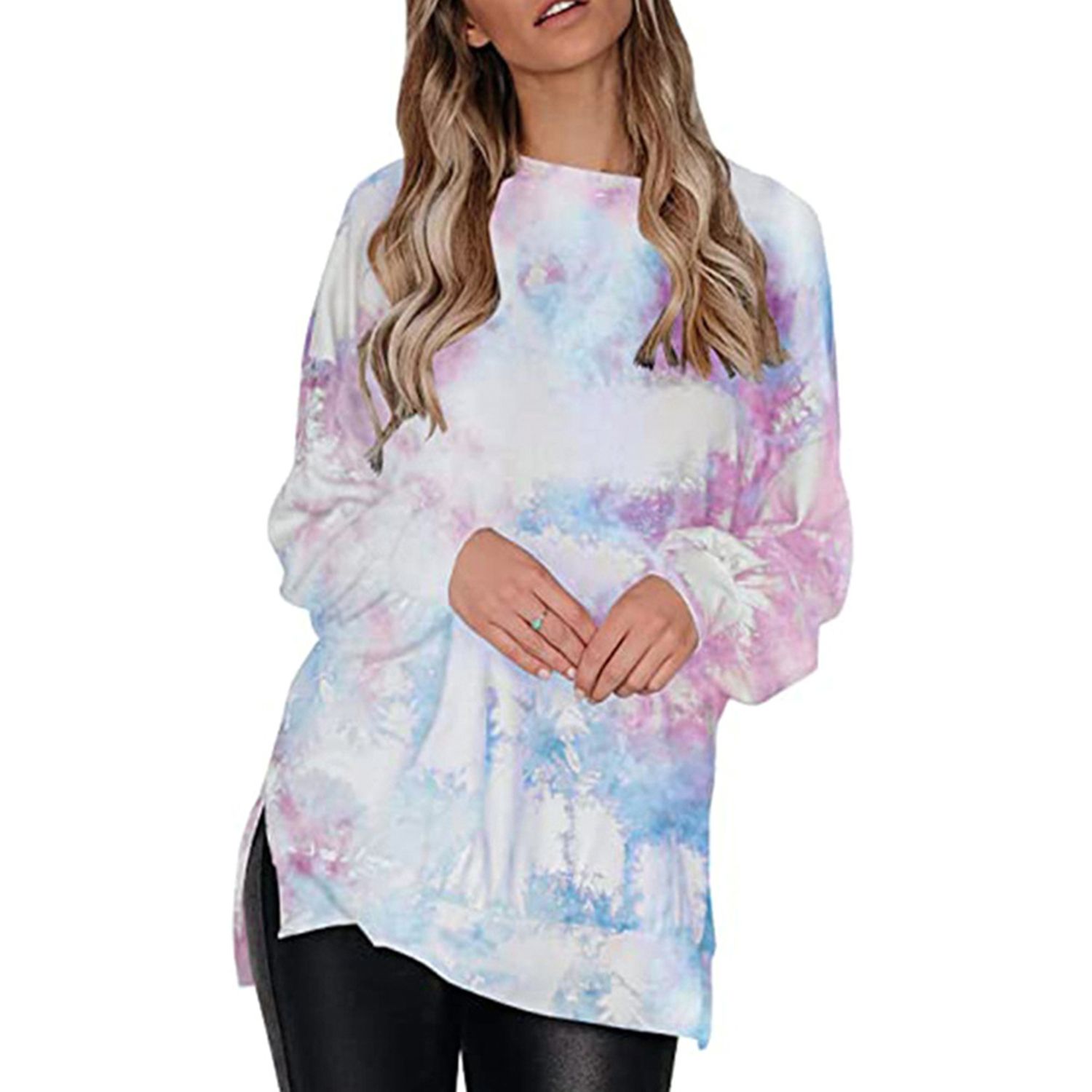Women Tie-dye Sweater, Casual Style Loose Lantern Sleeve Round Neck Slit Pullover