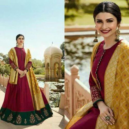 Exclusive Georgette Unstitched Gown For Women - Maroon and Gold