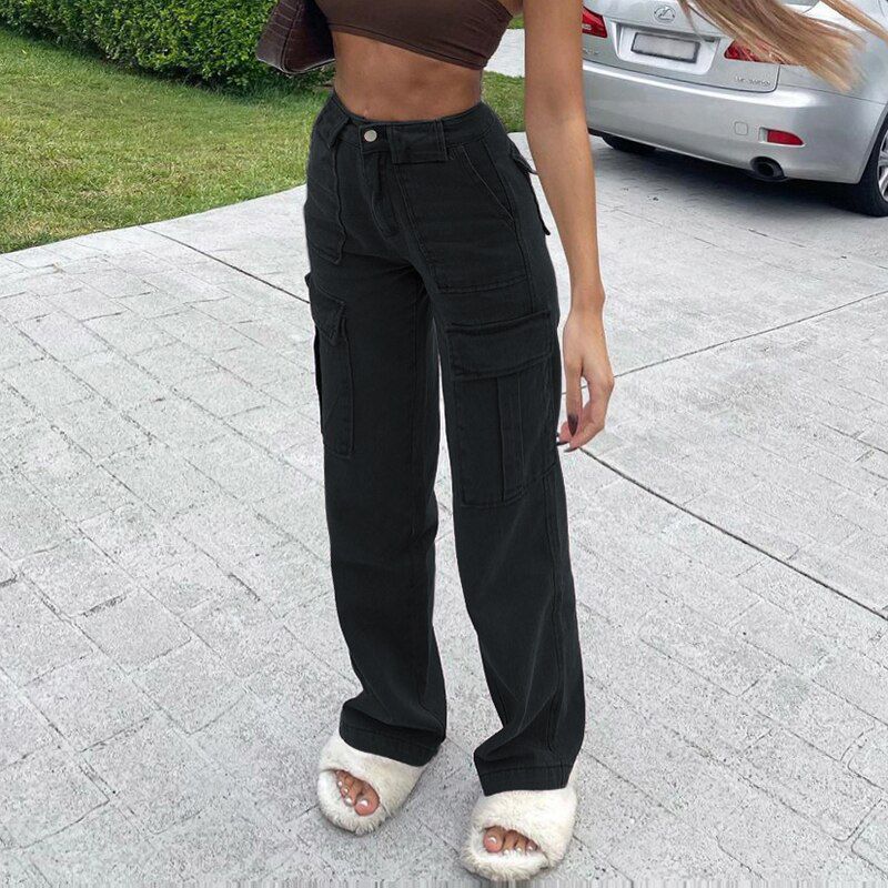 Casual Brown Jeans Woman High Waisted Cargo Pants Women Pocket Fashion Straight Long Trousers Ladies Streetwear