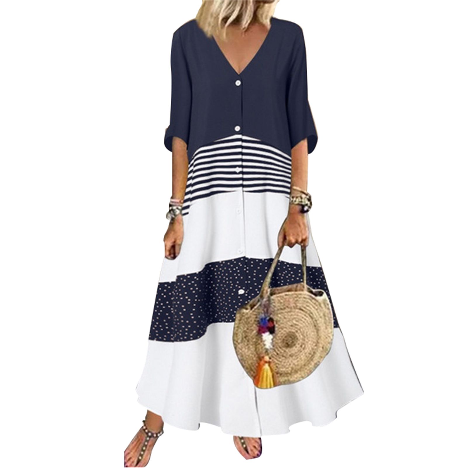Amamia Casual Dress Retro Single ed Patchwork Color Shirt Dress