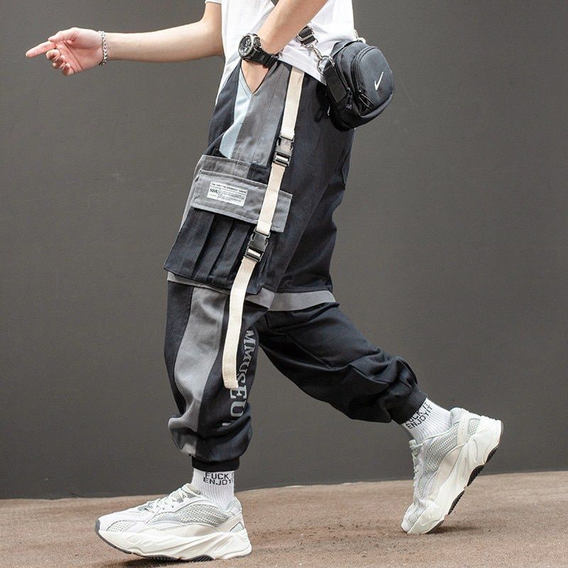 Men Cargo Pants Black Ribbons Block Multi-cket Harem Joggers Harajuku Sweatpant  Hop Casual Harem Tide Male Trousers