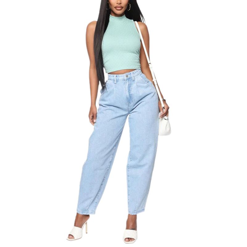 Women Washed Jeans, High Waist Design Loose Version with Pocket Smooth Zipper Summer Clothing