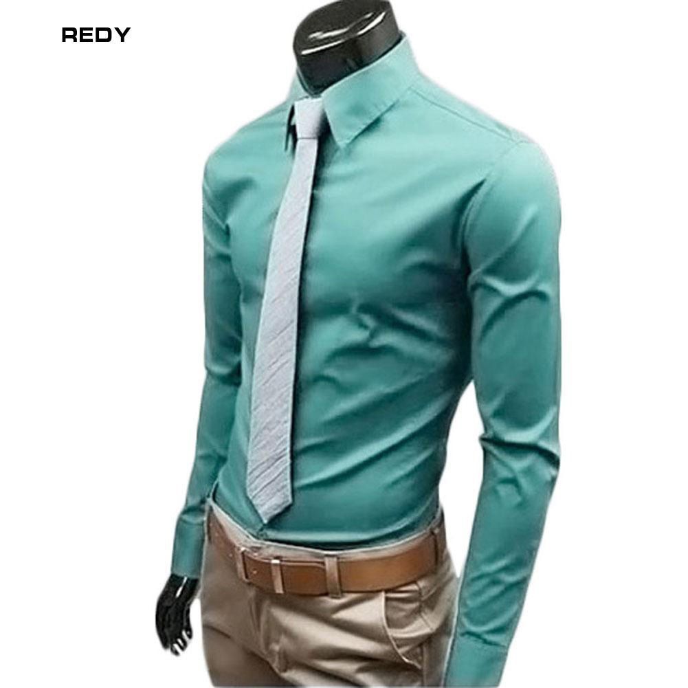 REDY Men Long Sleeve Shirt Cotton Social Solid Business Slim Fit Turndown Collar Shirts Clothing