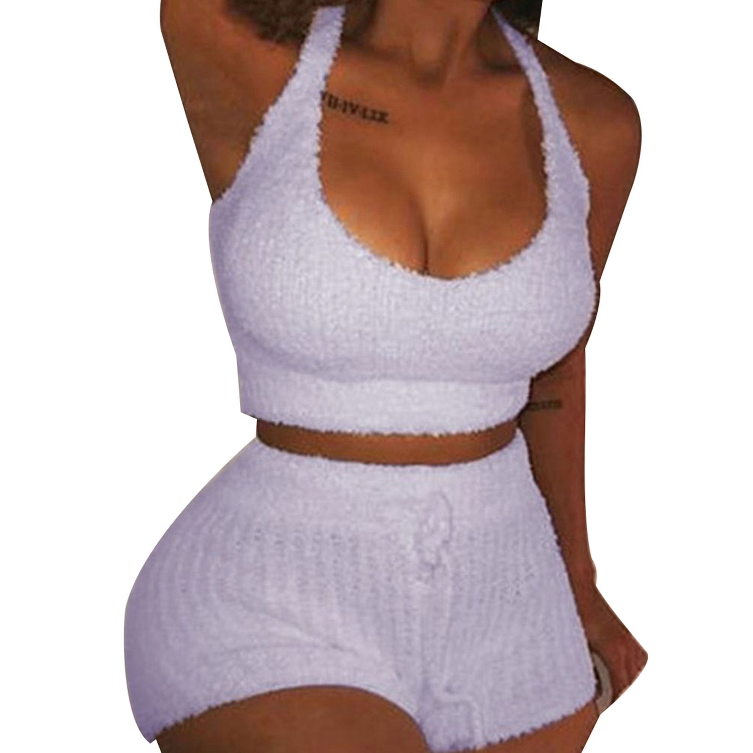 2 Pieces Suit Set, Solid Color U-Neck Sleeveless Crop Top and Shorts for Women, S/M/L/XL/XXL