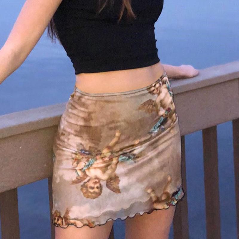 Sweetown Harajuku Print Kawaii Summer Skirt Mesh Patchwork Double Layer Cute Skirts Womens Elastic High Waist Pencil Skirt