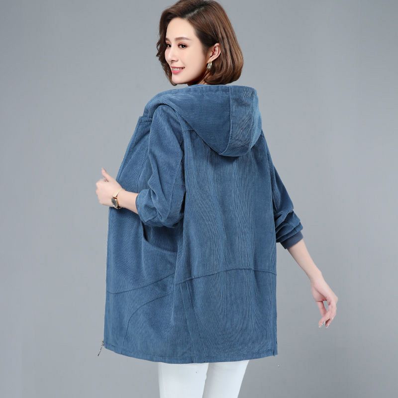 Women Corduroy Coat New Spring Autumn Long Jacket Plus Size Middle Aged Mother Hooded Windbreaker Coat H186