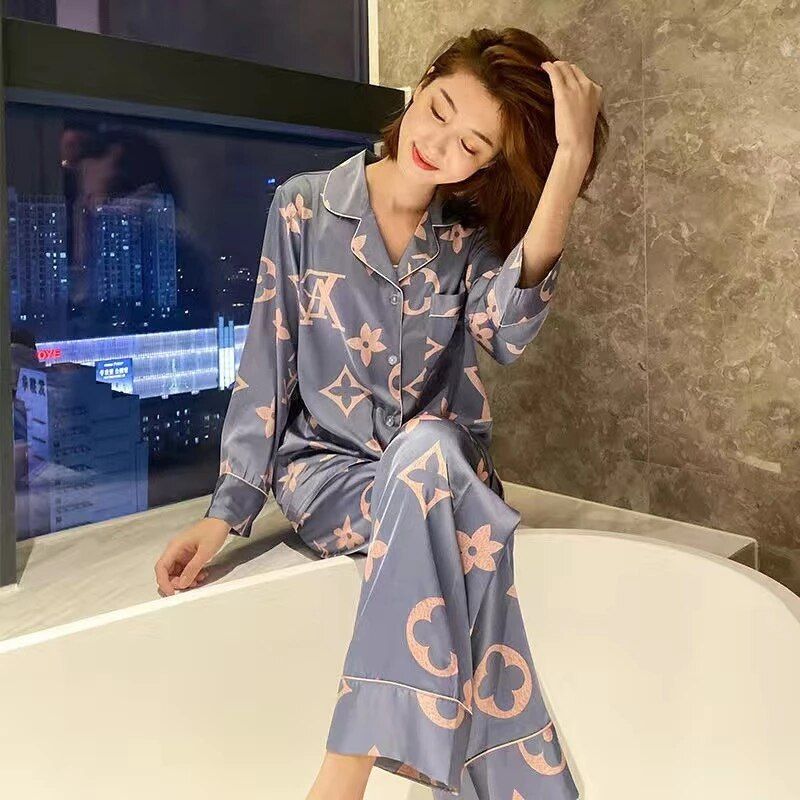 Womens Cartoon Silk Pajamas Suit Sexy Long Sleeve Sleepwear Satin Underwear Plus Size Lingere Home Clothes 2-piece Loungewear
