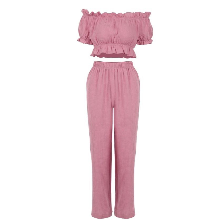 Women's Pajamas Solid Color Trouser Suits Sexy Slash Neck Autumn Suit For Women Sleepwear Cotton Loungewear Ruffle Womens Pijama