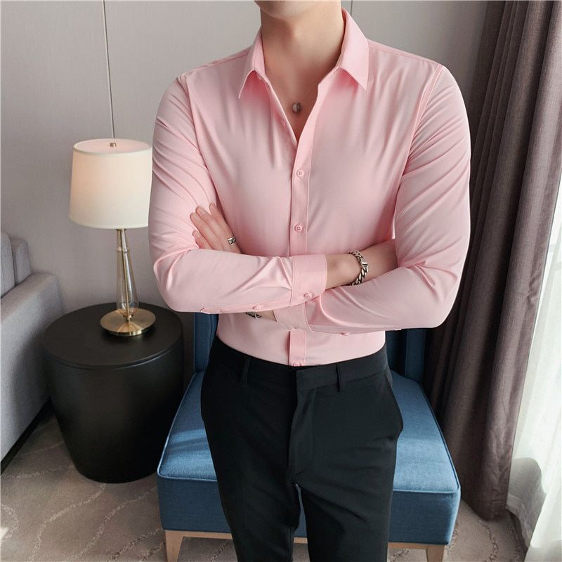 Men Dress Shirts Long Sleeve Solid Basic Slim Fit UNIFORM Clothes Business Casual Color Blouses Man Formal Work Wedding Clothing