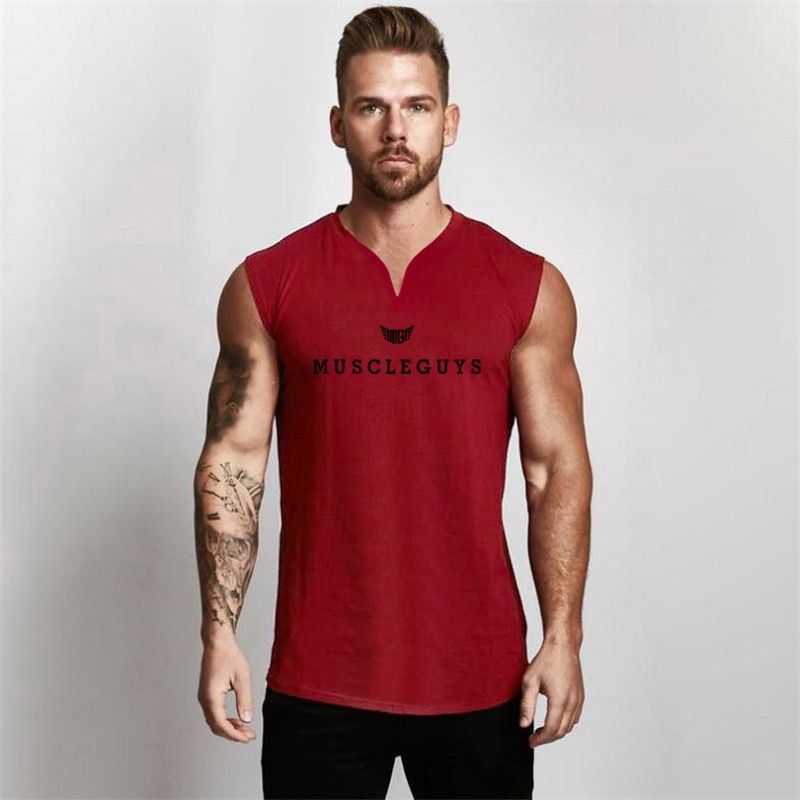 Muscleguys Brand Gym Clothing V Neck Compression Sleeveless Shirt Fitness Mens TaTop Cotton Bodybuilding Tanktop Workout Vest