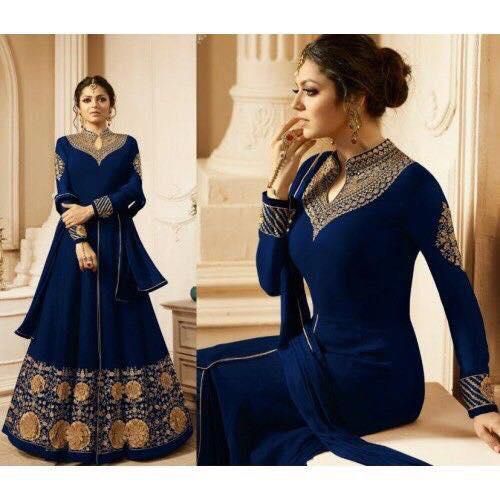 Fashionable Unstitched Navy Blue Georgette Gown For Women
