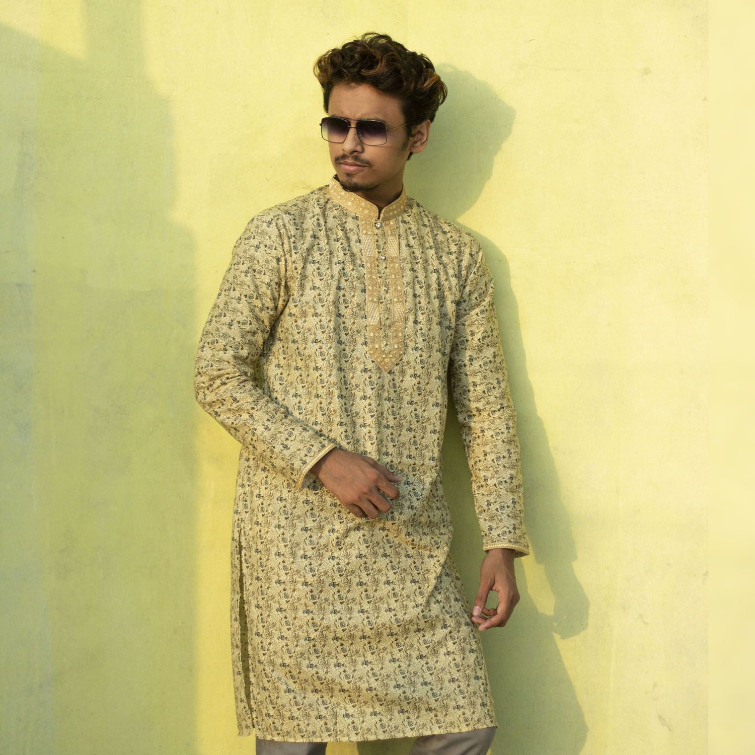 Stylish Embroideries Printed Cotton Slim Fit Panjabi For Man