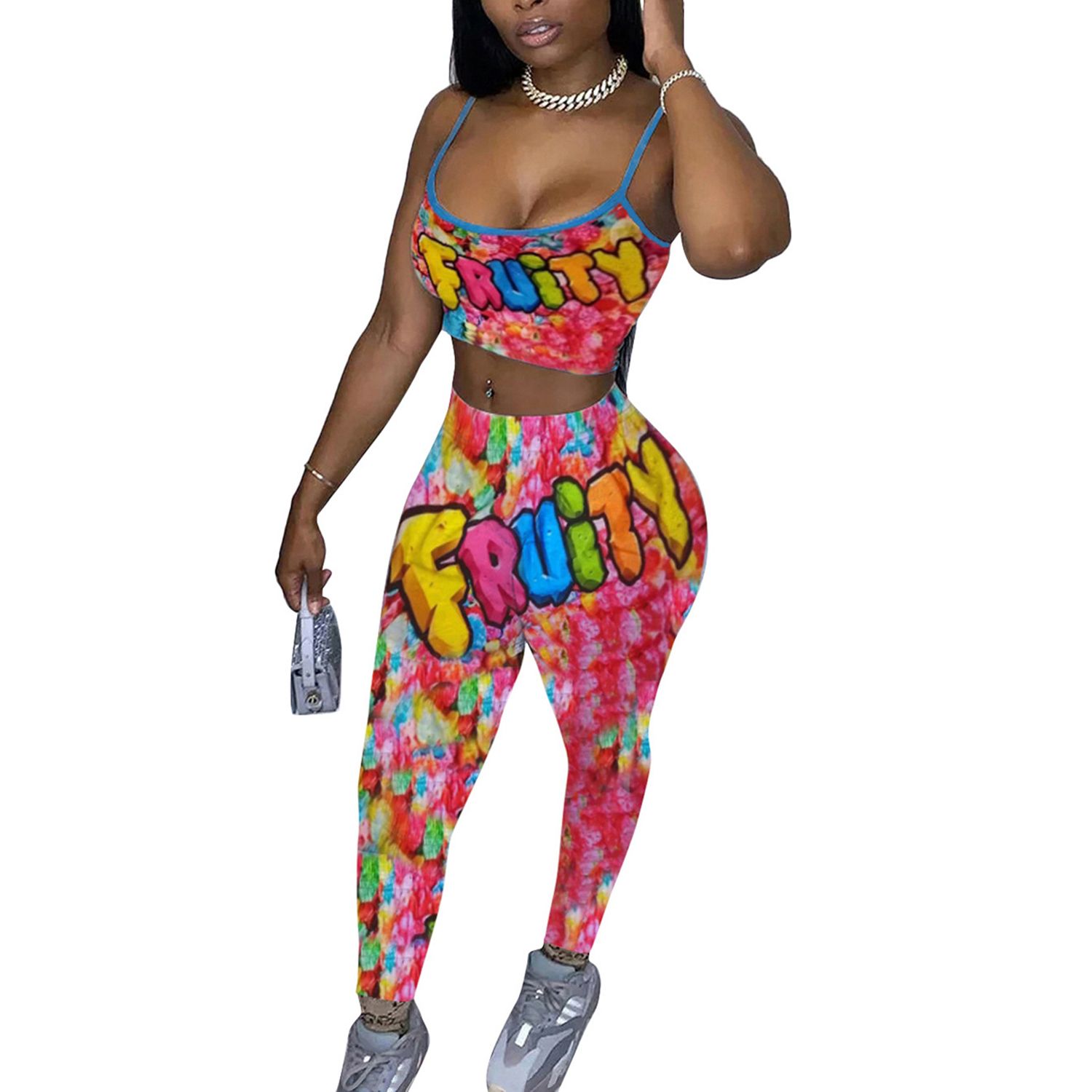 2021  Women's Print Sport Slim Two-pieces Set, Halter Belly Bare Skinny Rompers, Deep-V and Wide Leg