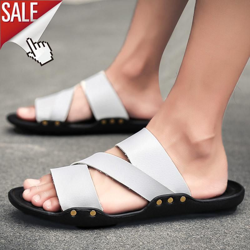 Men's Slippers Leather Men Shoes Non Slip Flip Flops Soft Black White Casual Summer Men Shoes Flat Beach Sandals