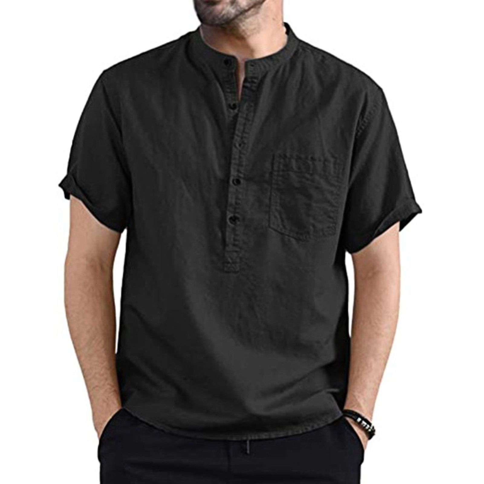 Men Shirt Stand Collar Short Sleeve Cloth Solid Color Shirt Tops for Summer