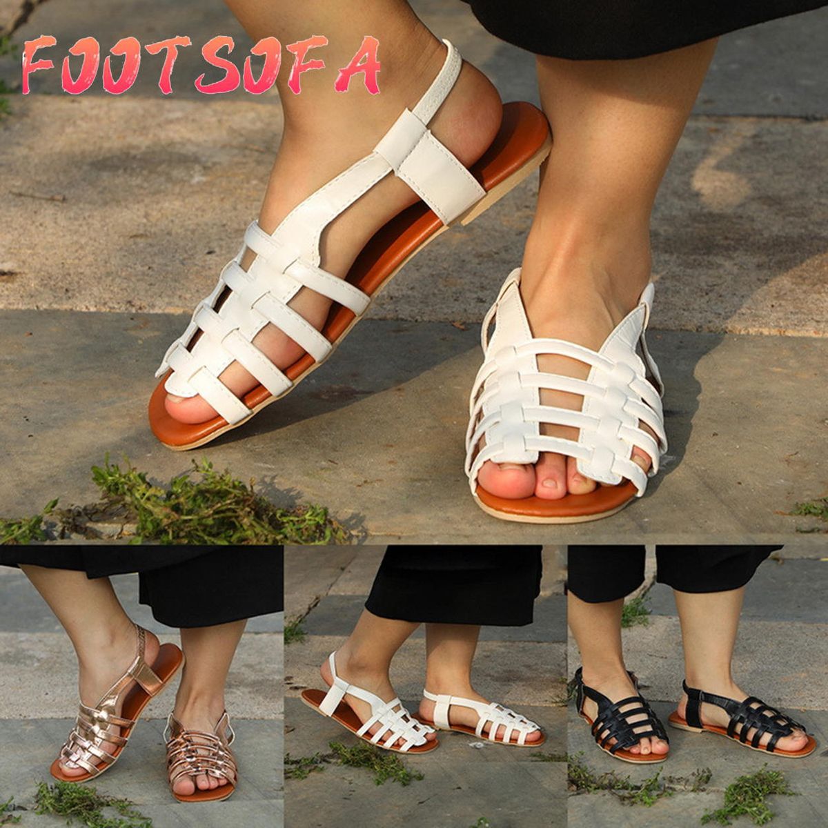 Women Rubber Korean Flat Sandals Ladies Summer Outdoor Fashion Leather Flat Shoes Round Toe Elegent Slipper Adjustable Buckle Strap Casual Sandals
