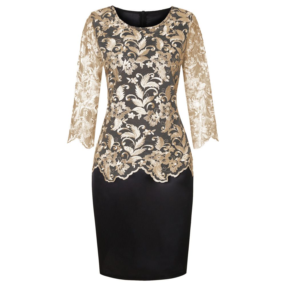 Women O Neck Half Sleeve Fake Two Piece Lace Bodycon Knee-length Dress