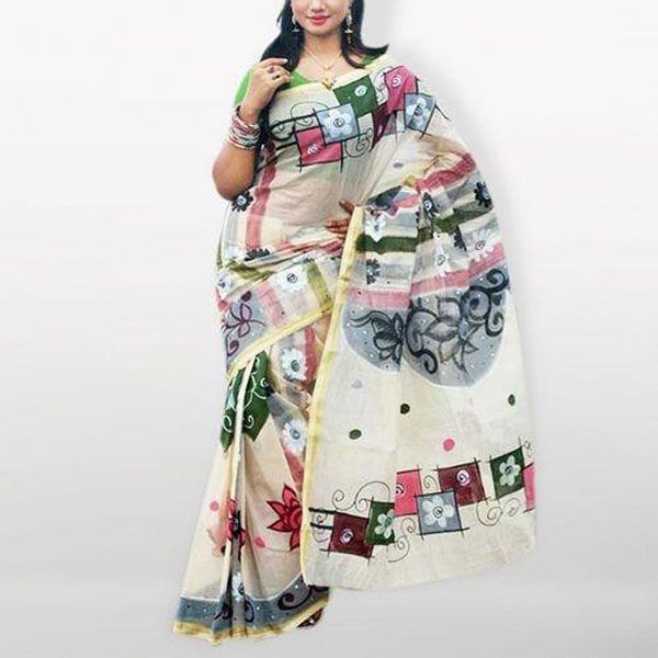 Cornsilk Cotton Kota Handprint Saree For Women
