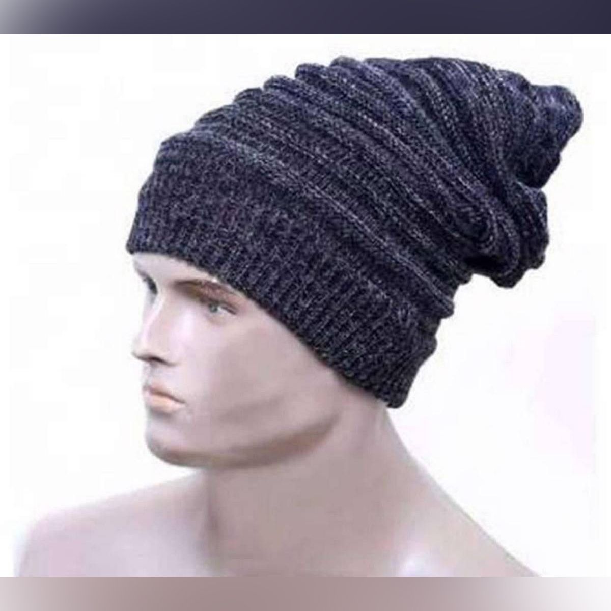 Navy Blue Woolen Winter Cap For Men