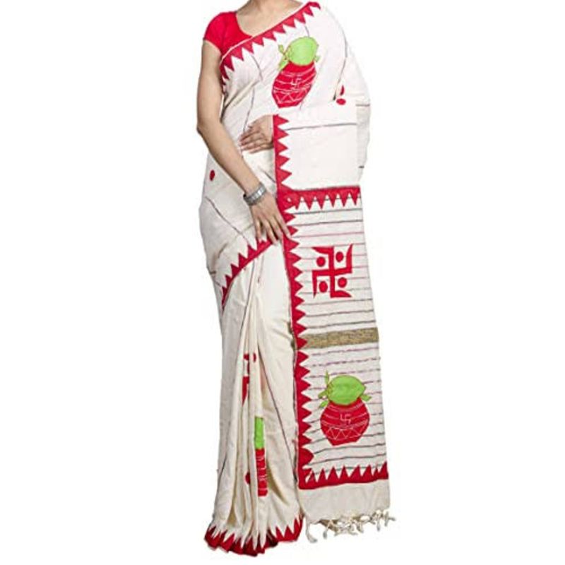 Pohela Boishak  Special White & Red  Combnation Color Half Silk  12 Hand  Saree for Women