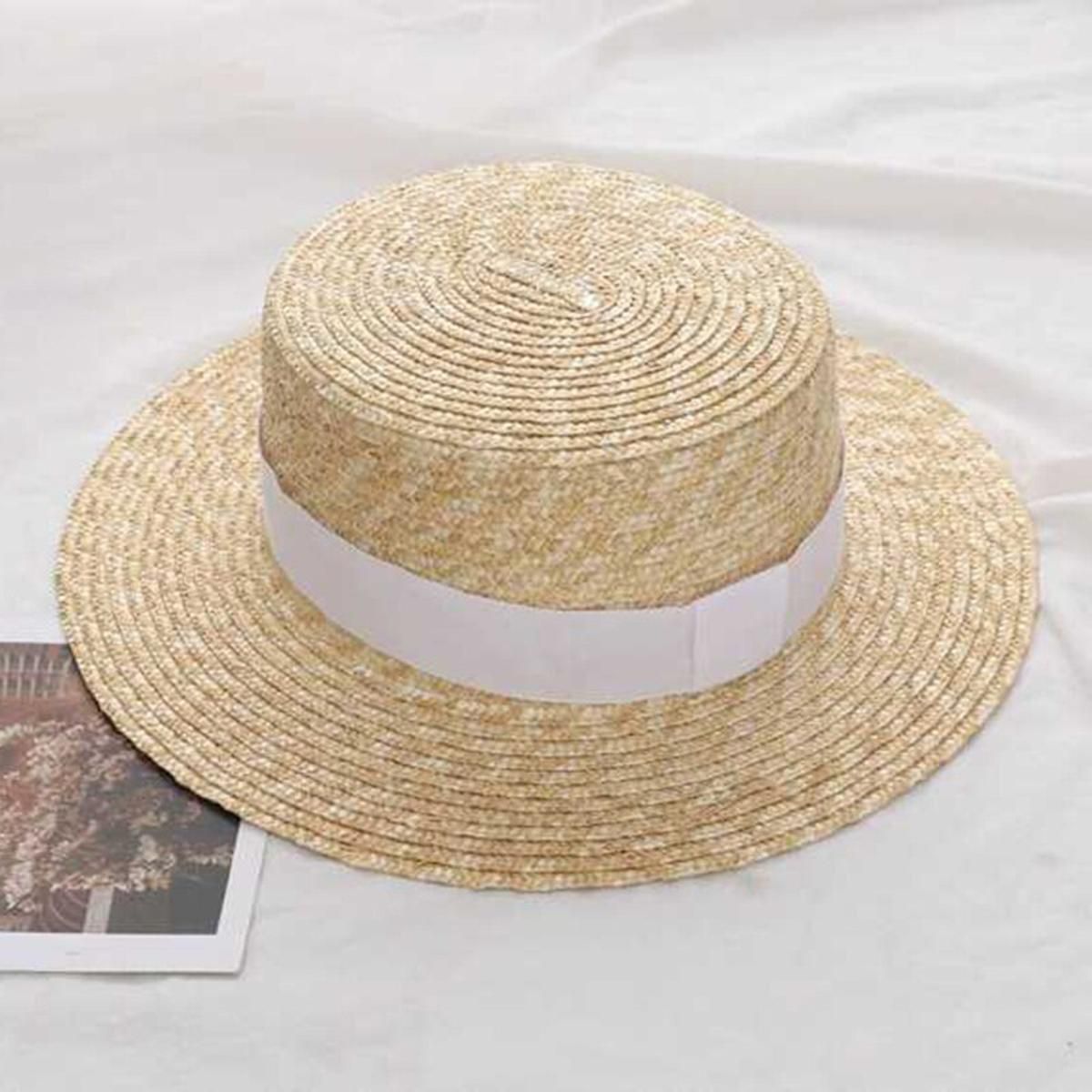 Ladies Straw Hat Wide Brim Flat Holiday Beach Hat Outdoor Casual Sunscreen Sun Cap Temperament British Bowlercap