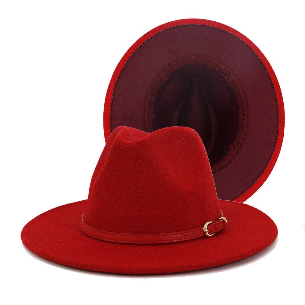 FS 2020 Fashion Red Yellow Patchwork Fedora Jazz Hat with Belt Women Men Wide Brim Wool Felt Party Panama Trilby