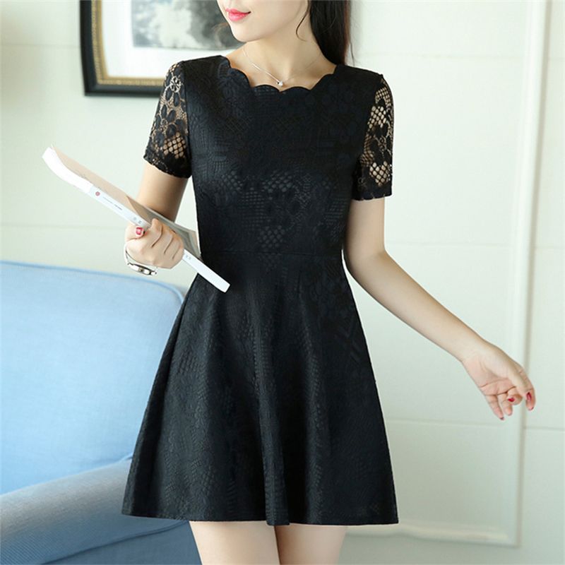 Yfashion Women  Lace  Dress Short-sleeved -fit Waist-ing d-length A-line Skirt color