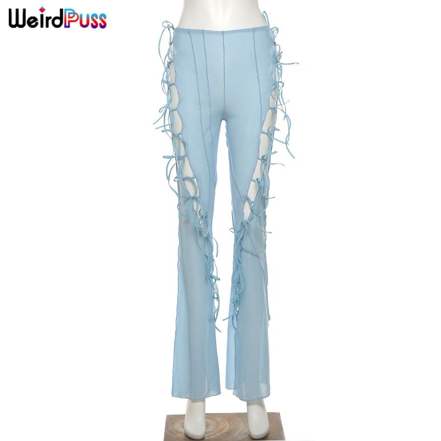 Weird Puss High Waist Flare Pants Women Mesh Hollow Side Bandage Summer Trend Soft Stretchy Streetwear Striped Trousers