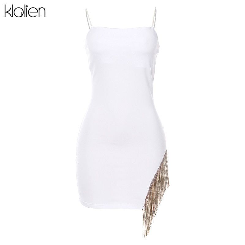 KLALIEN Tassel  Solid Strapless Sleeveless Patchwork Bodycon Dress New Summer Fashion Elegant Senior Club Party Mini Dress