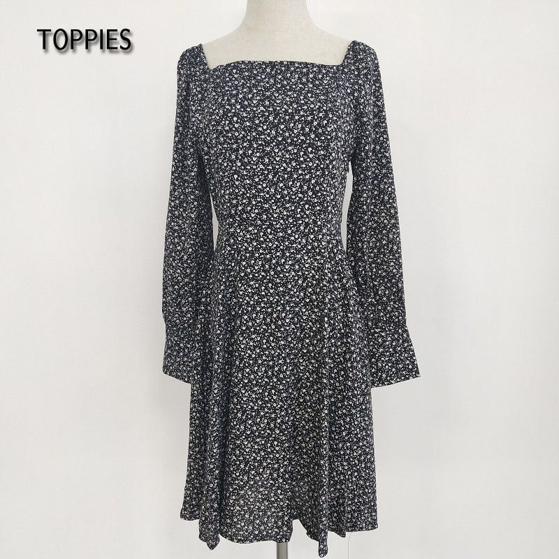 Toppies New Women Mini Dresses Vestidos Flowers Print French Style Dress Puff Long Sleeve Ladies Sundress