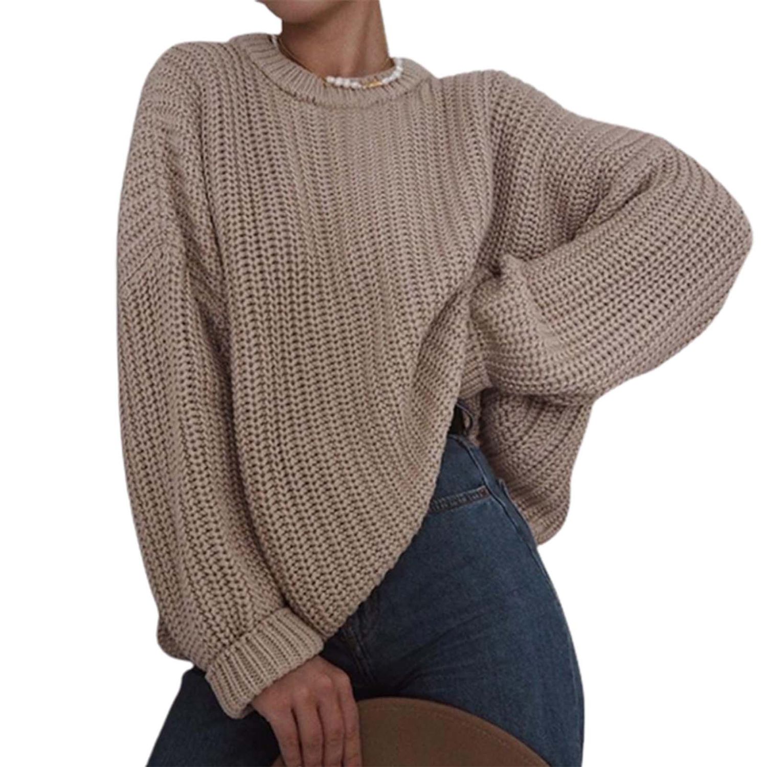 Knitted Sweater Crew Neck Coarse Yarn Warm Lady Knitted Sweater