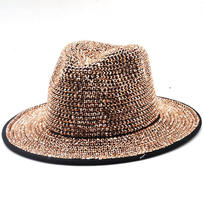 Winter Women Full  Adjustable Fedora Hat Bling Rhinestone Panama Men Wide Brim Felt Jazz Hats wholesale