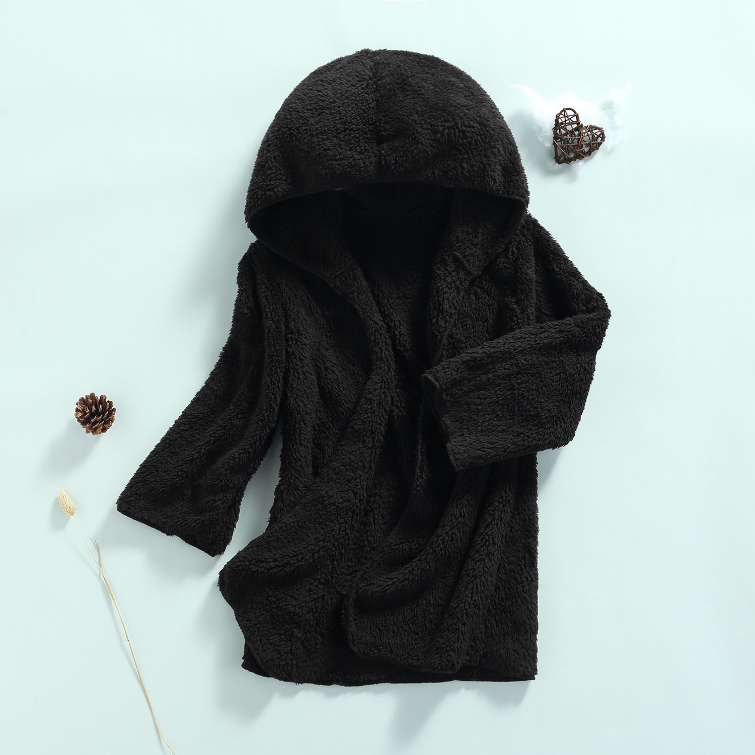 Toddler Hooded Plush Jacket, Baby Open Front Solid Color Long Sleeve Outerwear (Black, Brown)