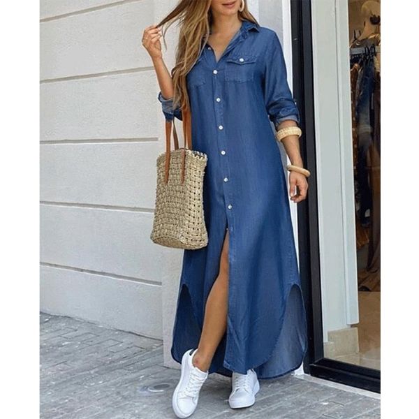 Autumn Long Dress Long Sleeve Shirt Women's Denim Long Dress Pocket Button Shirt Printing Casual Loose Dress