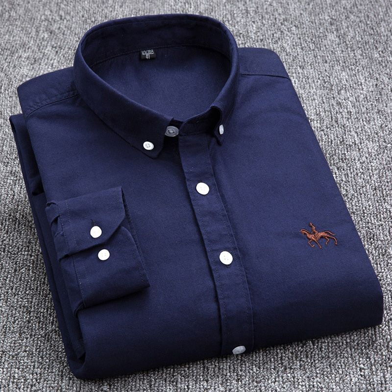 100% Cotton Oxford Shirt Men's Long Sleeve Embroidered Horse Casual Without Pocket Solid Yellow Dress Shirt Men Plus Size 5XL6XL