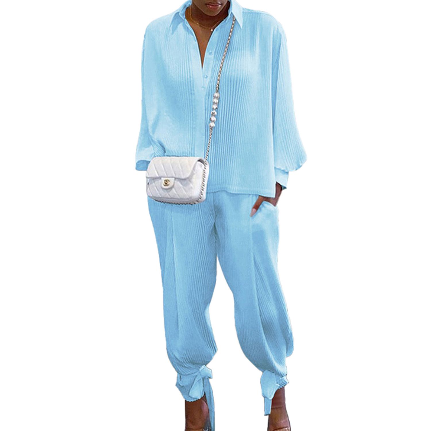 2021 Women's Suit Screw Loose Top Stand Collar Long Sleeve Shirt Pocket Pants with Lace Up Hem