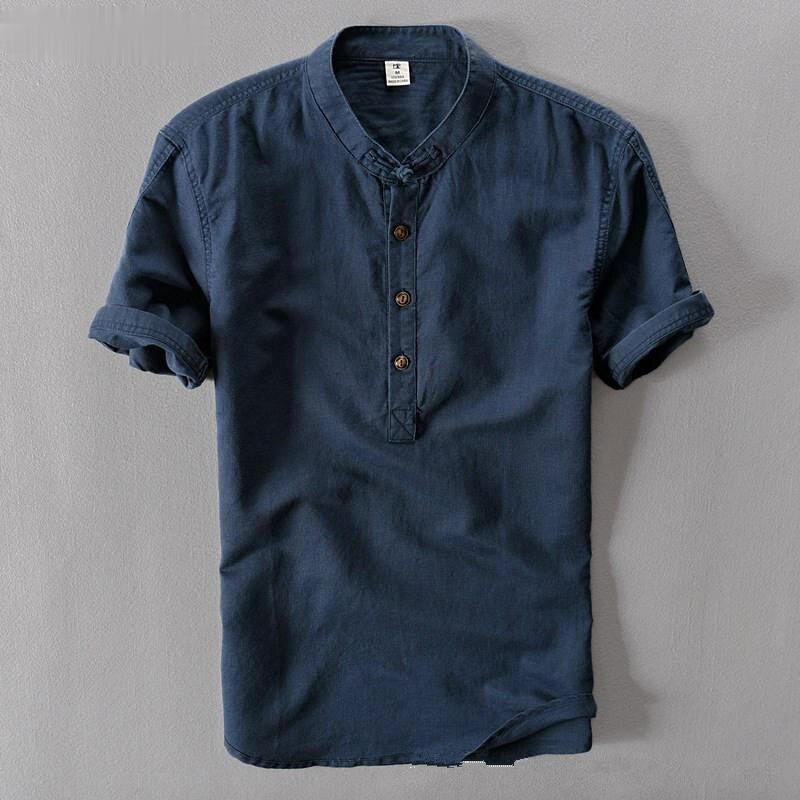 Helisopus Men Casual Cotton Linen Shirts Summer Brand Short Sleeve Shirt Mandarin Collar Solid Color Retro Shirt Tees