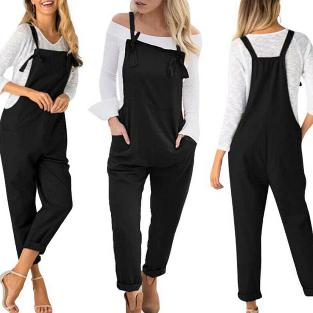 Women Jumpsuits Overalls Casual Strappy Suspender Trousers Elastic Waist Bib Baggy Dungarees Rompers with Pockets Loose Long Pants