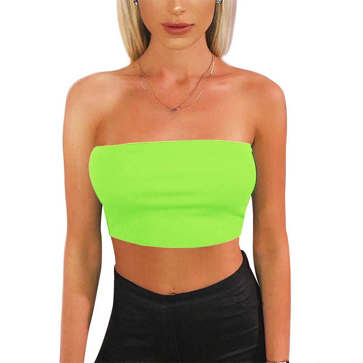 Women's Fashion Sexy  Elastic Strapless Bottoming Shirt Tube Top Fluorescent Color M Size