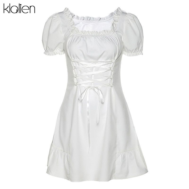 KLALIEN Fashion Elegant White Female Mini Dress Summer Party Birthday Festival Cute  French Romantic Silk Dress Women