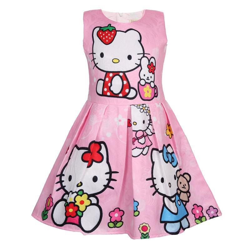 Cbration Party Kids Clothing Kitty Cat Princess Dresses Cartoon Printing Sleevss Flower Girl Dress for Kids 3-6 6-8 Years