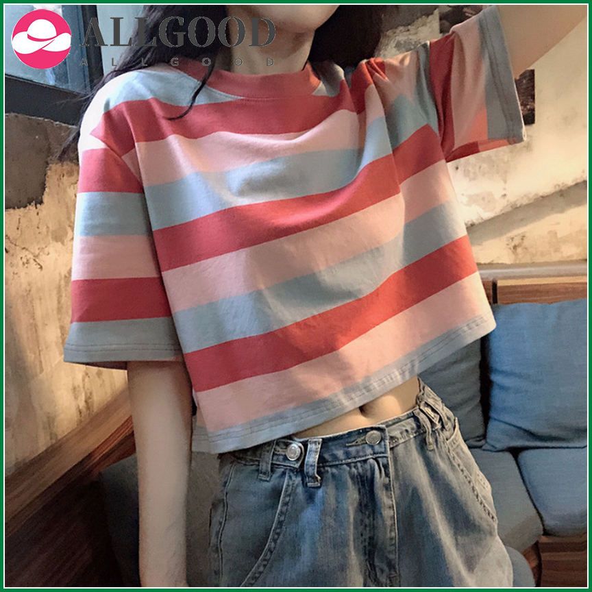 Dreamlikelin Beach Style Rainbow Striped Crop Top Fashion Girl Short Sleeve T Shirt for Women Summer Female Kawaii Tops
