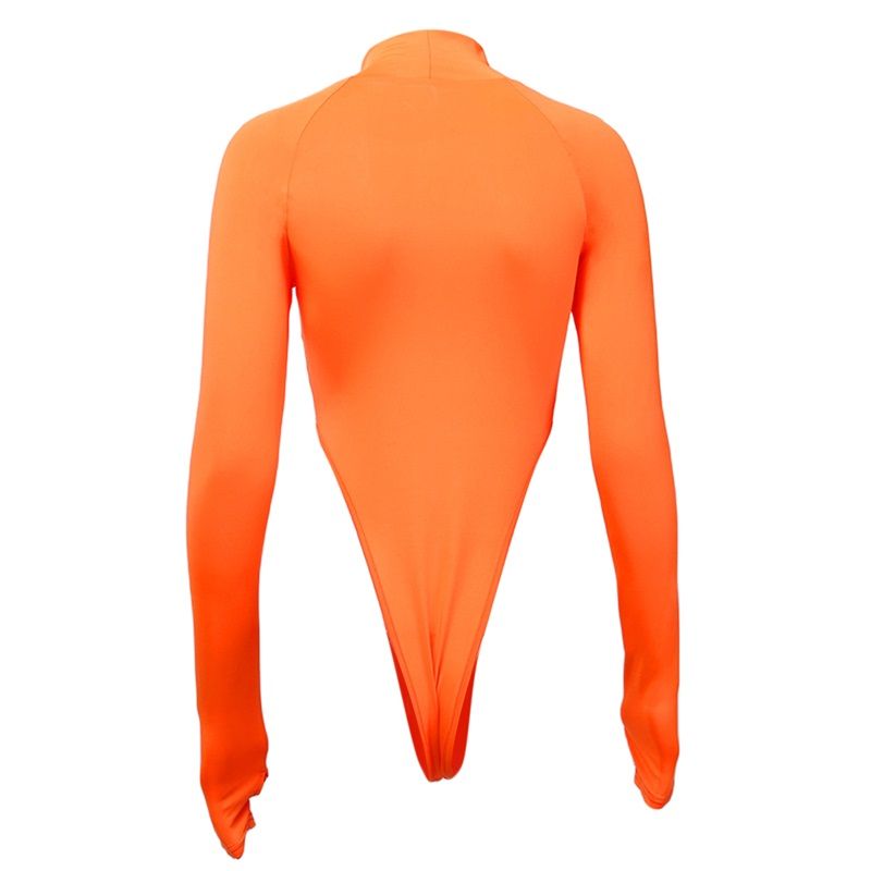 Women Bodysuit Long Sleeve High Neck Reflective Letters Slim Fit Jumpsuit Clothing