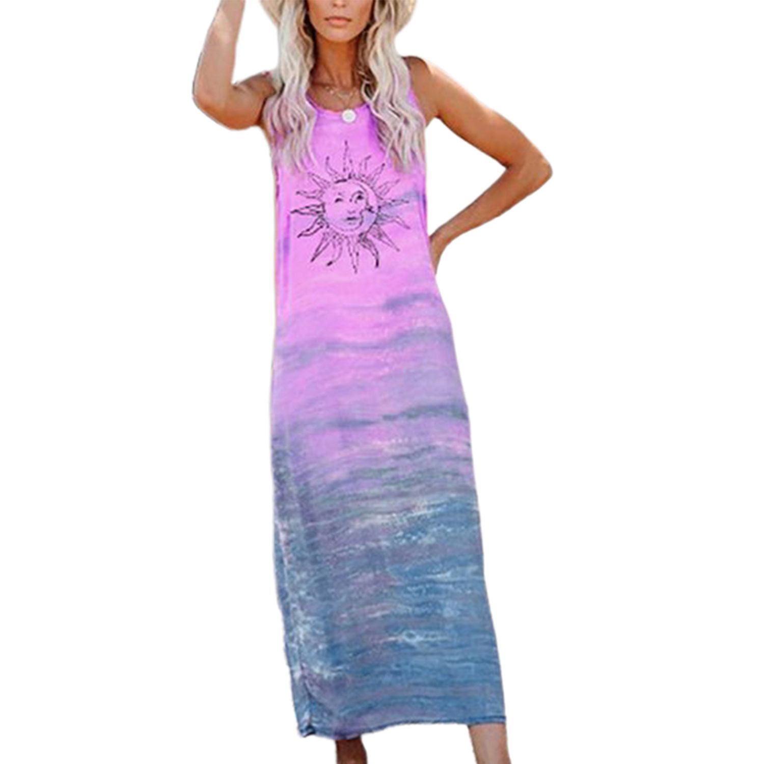 2021 Women's Dress, Sun Pattern Long Outfit, Loose Sleeveless Patchwork Dress for Home, School, Mom, Girl