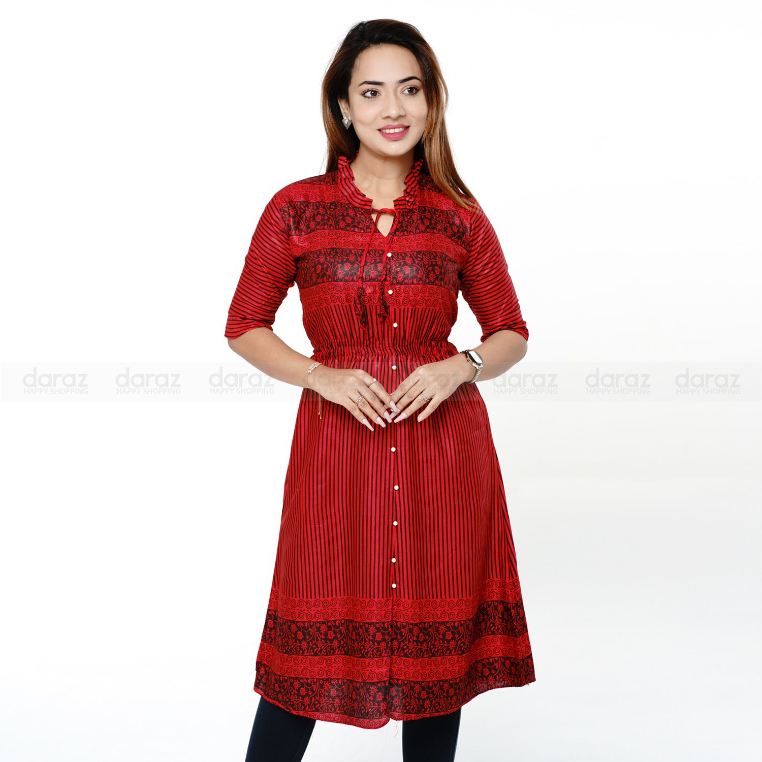 Readymade Round Stylish Fashionable Hot Kurti For Girls Long Pure Soft Linen (1 Pcs) ShadaMon Shop PR-90