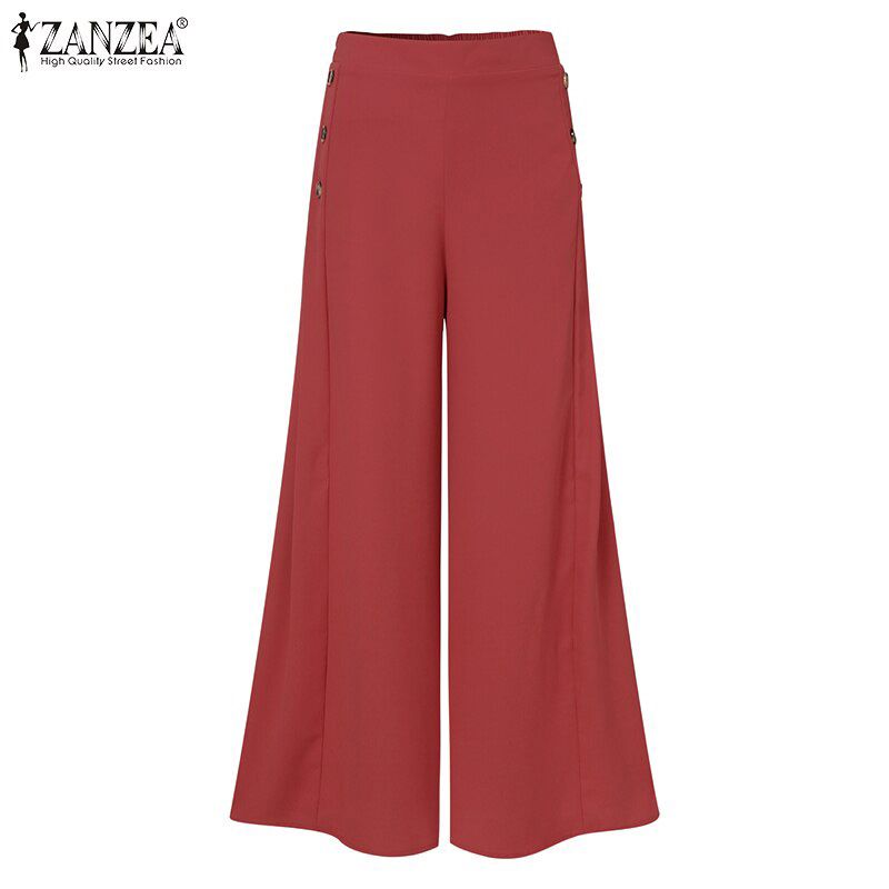 Women's Fashion Autumn Pants Casual Wide Leg Pants Vintage Elastic Waist Trousers Female Solid Button Bottoms